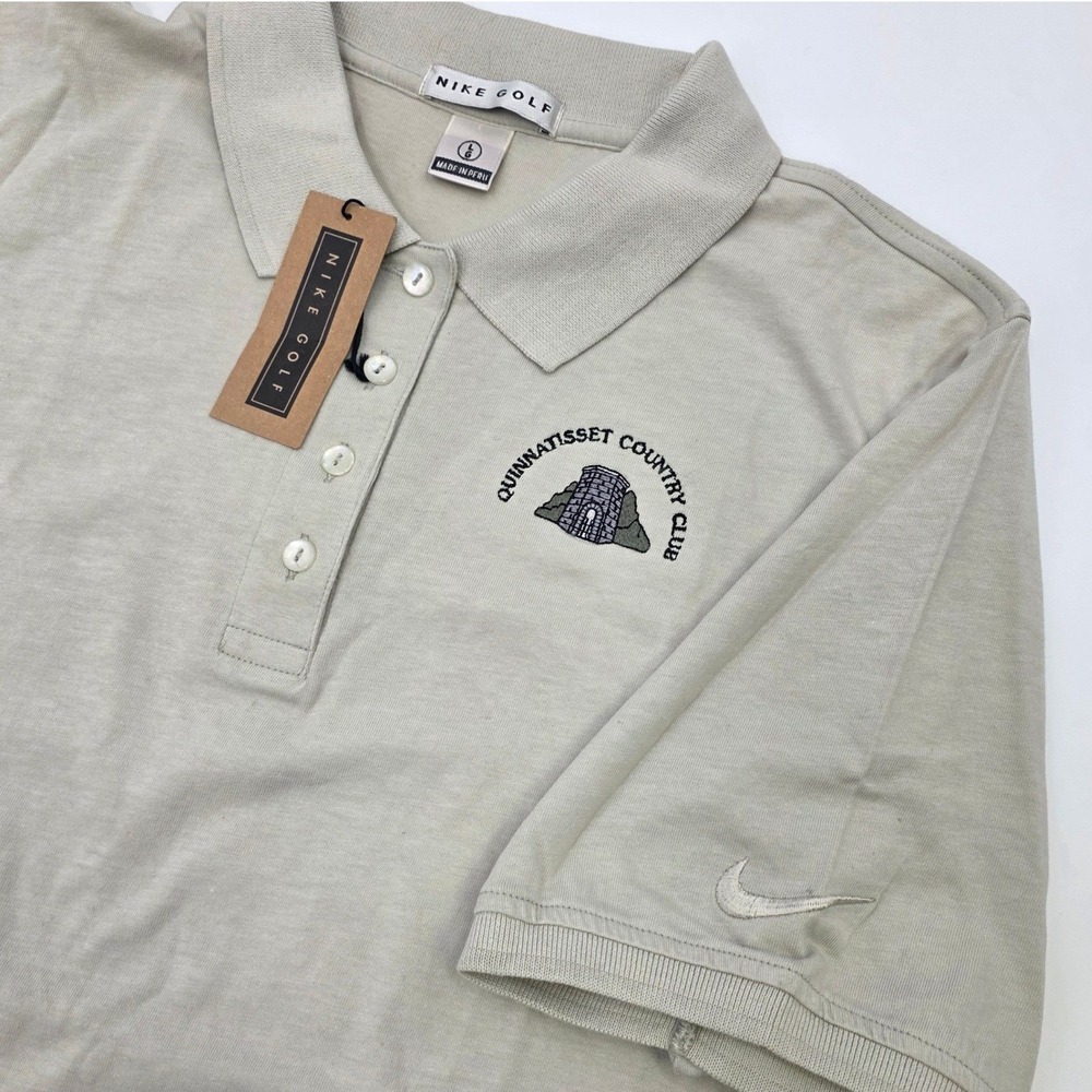 VINTAGE NIKE GOLF POLO WOMENS LARGE QUINNATISSET COUNTRY CLUB TAN LOGO DEADSTOCK